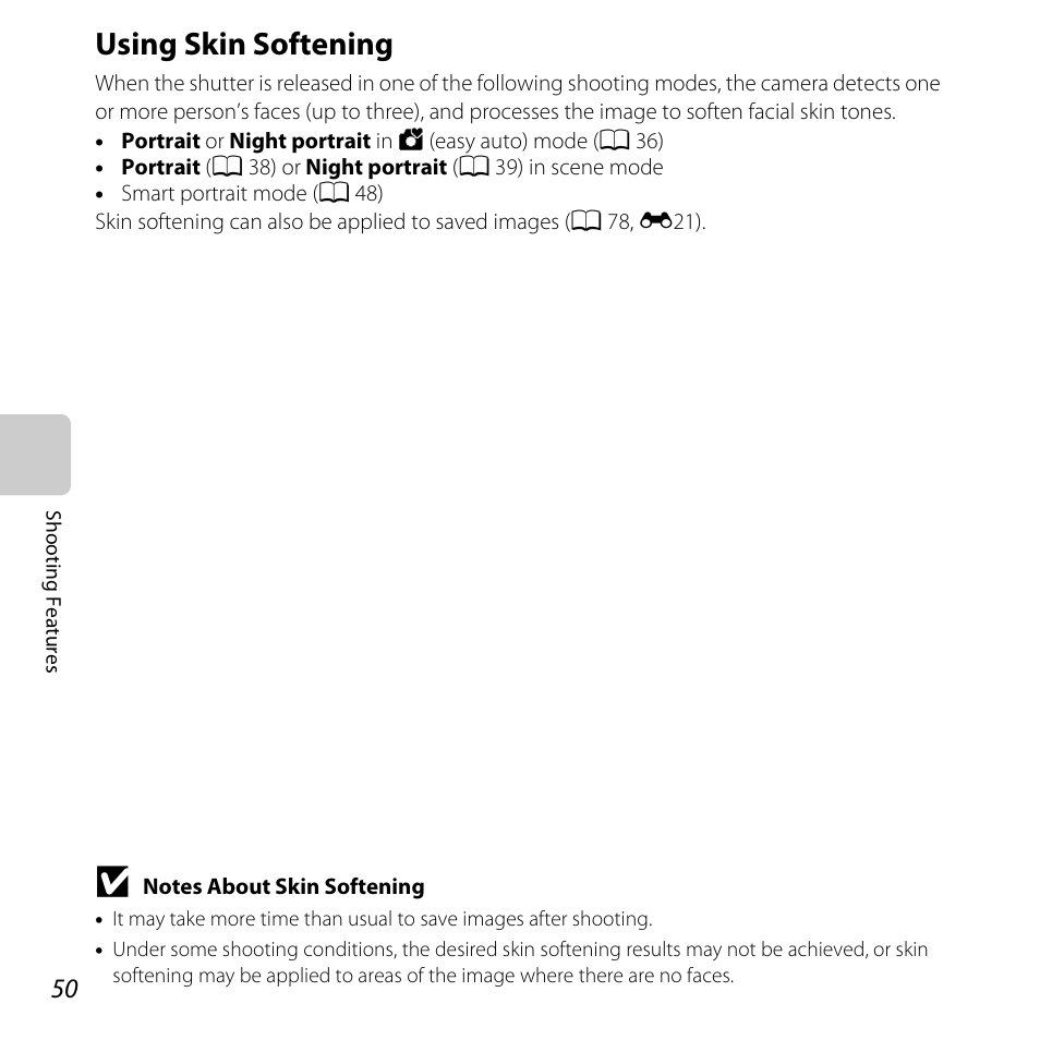 Using skin softening, A 50) | Nikon L610 User Manual | Page 68 / 252