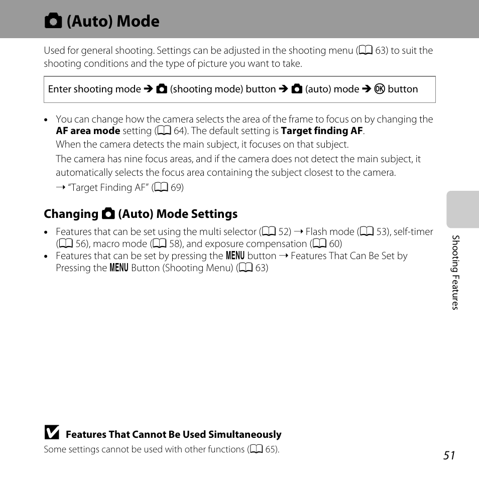 Auto mode, A (auto) mode, A 51) | Nikon L610 User Manual | Page 69 / 252