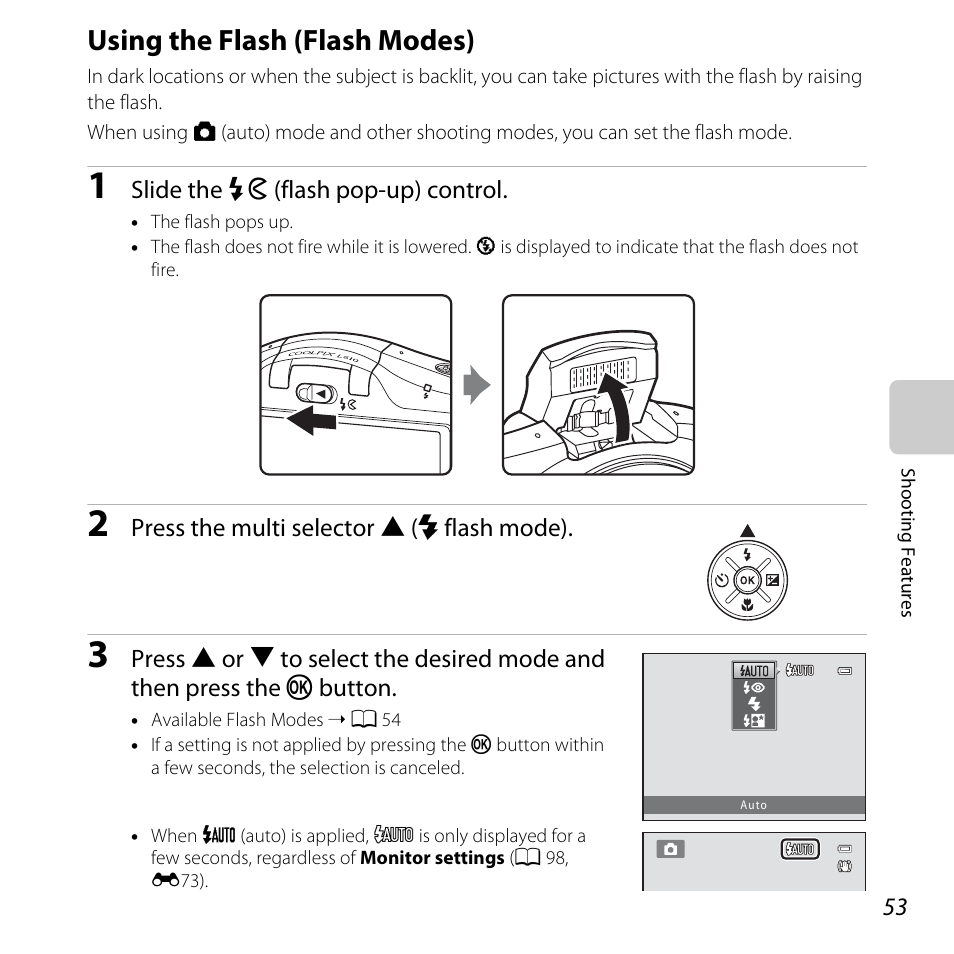 Using the flash (flash modes), 53) i, A 53 | A 53) may, A 53), H mode (a 53), self | Nikon L610 User Manual | Page 71 / 252