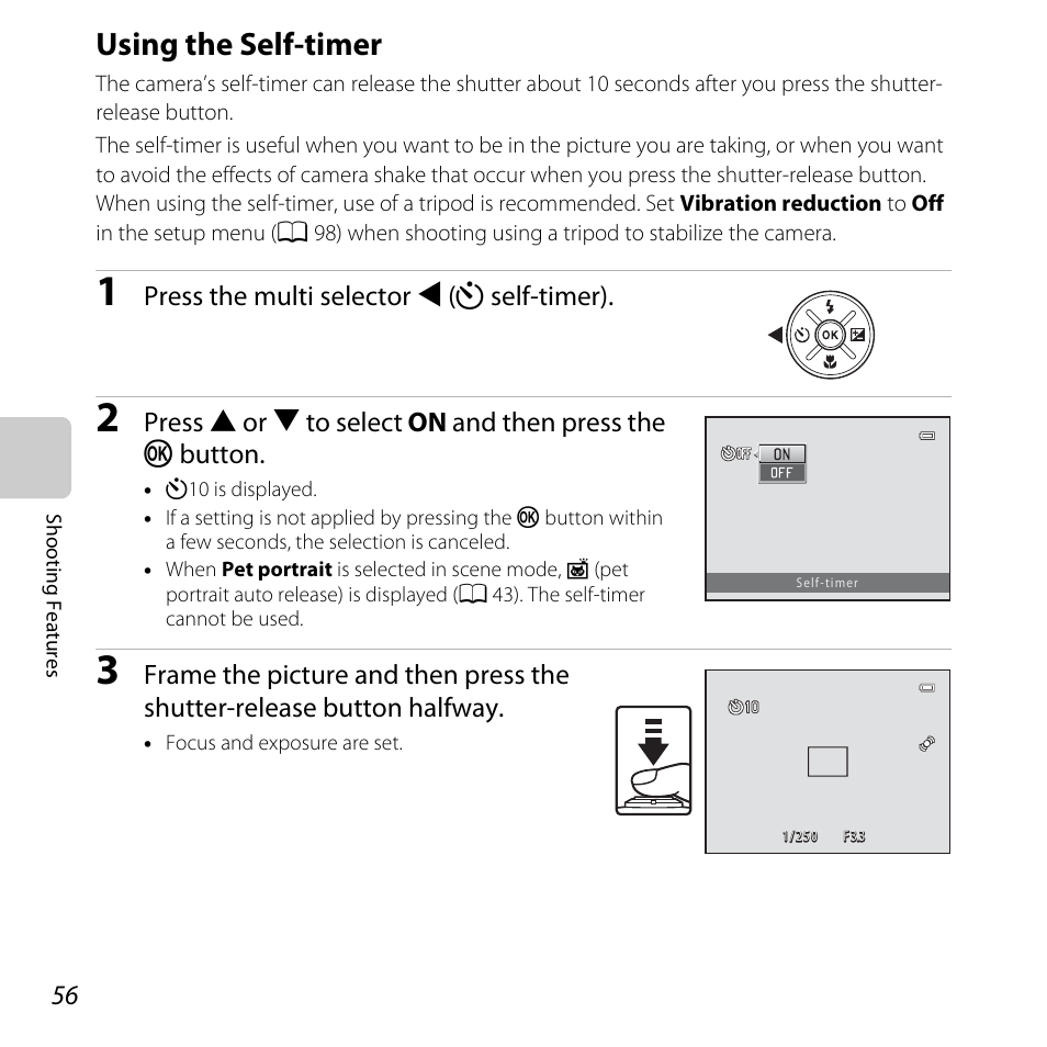 Using the self-timer, A 56, A 56) | A 56), macr, A 56), an | Nikon L610 User Manual | Page 74 / 252