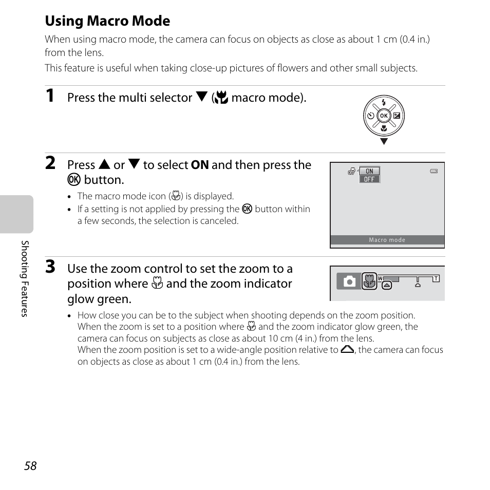 Using macro mode, A 58, A 58) is enable | A 58) is, A 58), A 58), and exposur | Nikon L610 User Manual | Page 76 / 252
