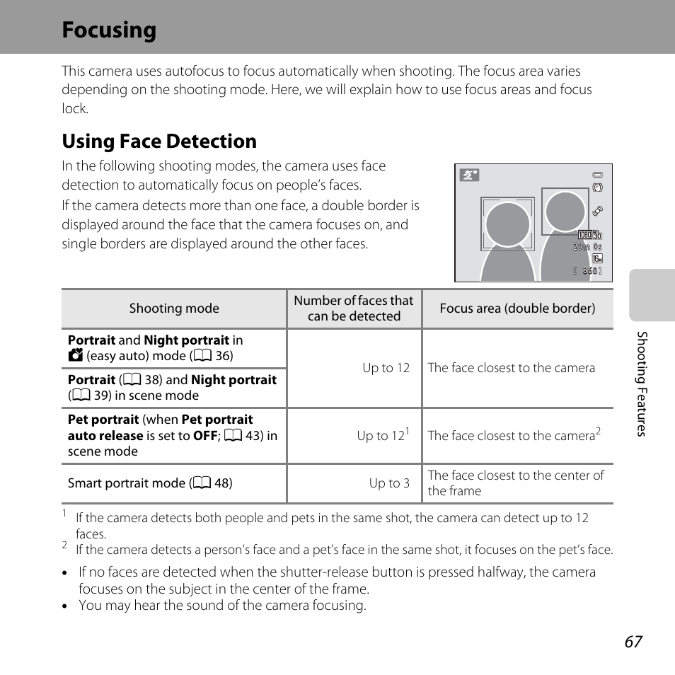 Focusing, Using face detection, A 67) | Ce (a 67), Using face detection” (a 67), A 67 | Nikon L610 User Manual | Page 85 / 252