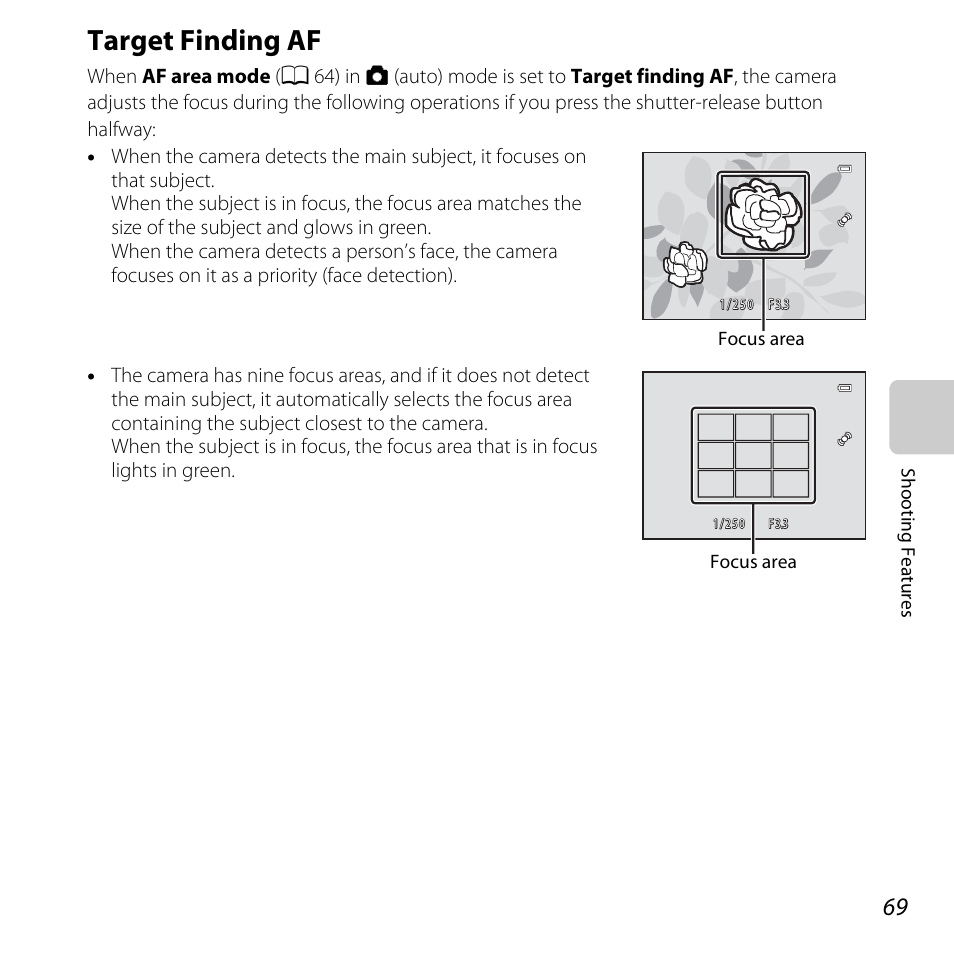 Target finding af, A 69) | Nikon L610 User Manual | Page 87 / 252