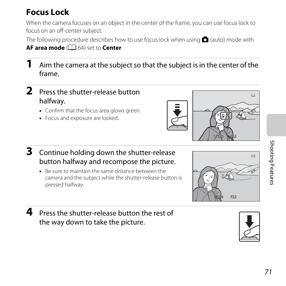 Focus lock, A 71, A 71) | Nikon L610 User Manual | Page 89 / 252