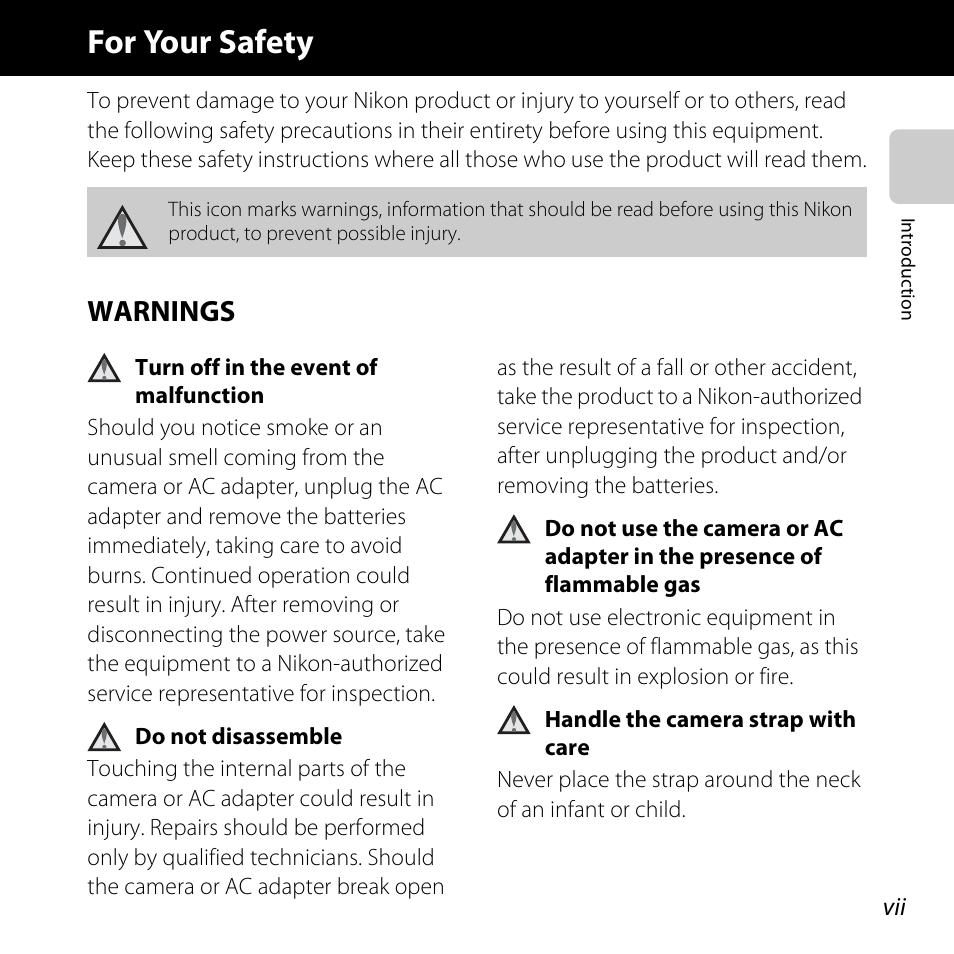 For your safety, Warnings | Nikon L610 User Manual | Page 9 / 252