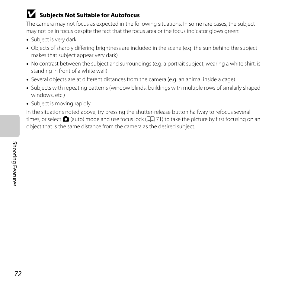 Subjects not suitable for autofocus, A 72 | Nikon L610 User Manual | Page 90 / 252