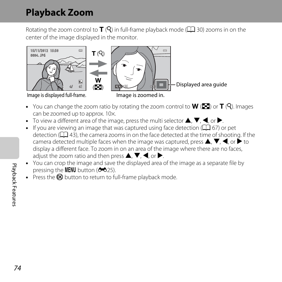 Playback zoom, A 74 | Nikon L610 User Manual | Page 92 / 252