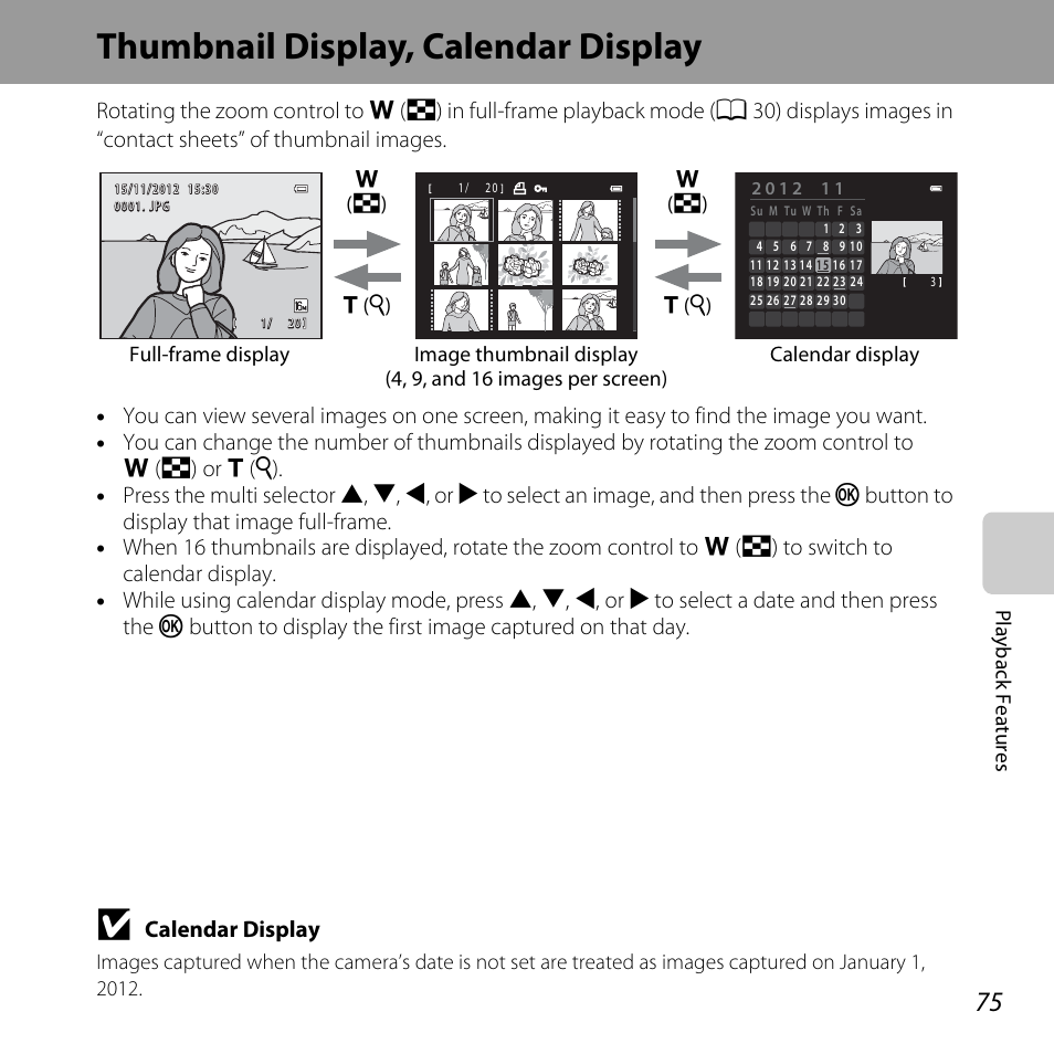 Thumbnail display, calendar display, A 75, Calendar display | Nikon L610 User Manual | Page 93 / 252