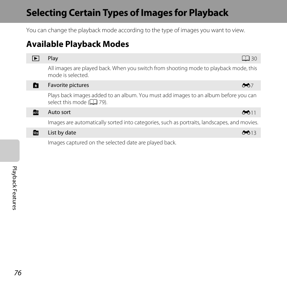 Selecting certain types of images for playback, Available playback modes, A 76 | A 76) | Nikon L610 User Manual | Page 94 / 252