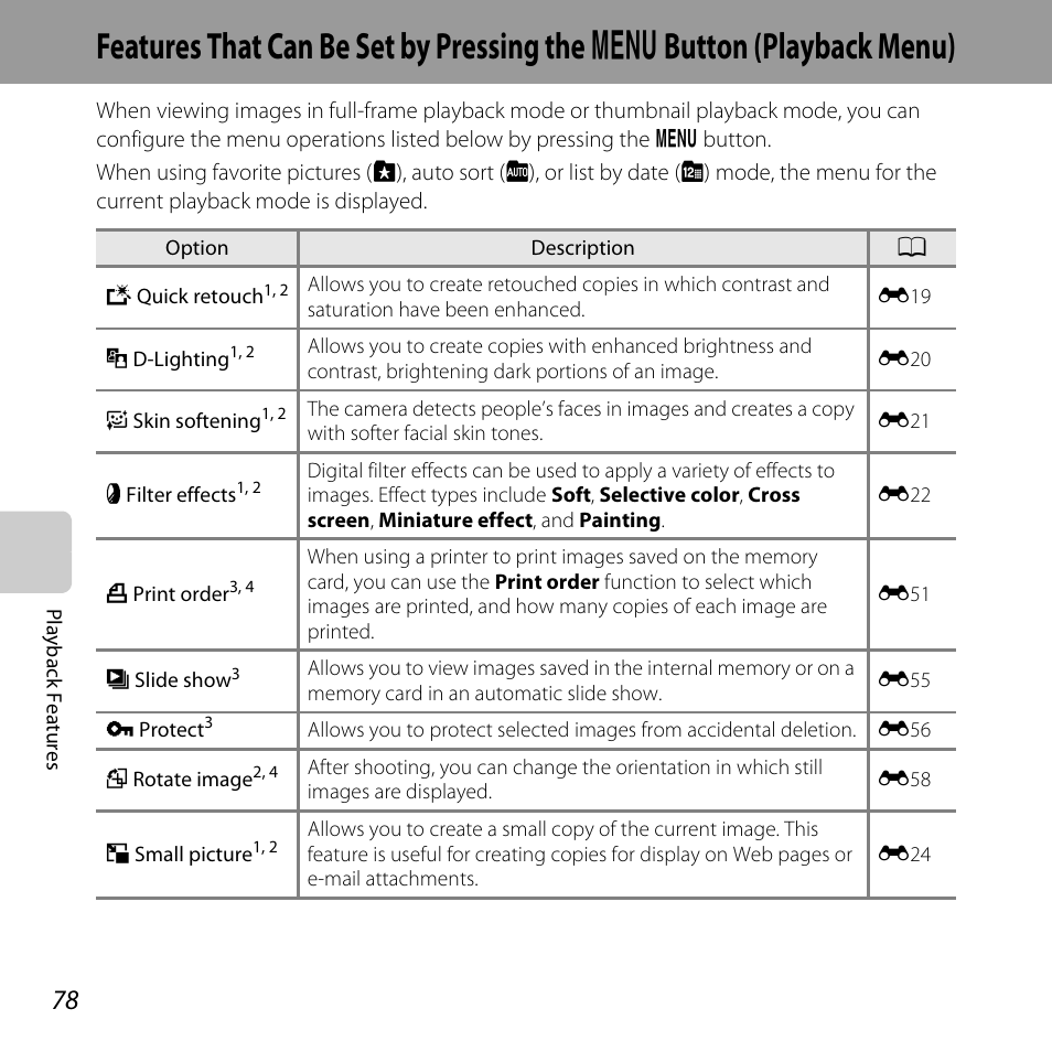 A 78, A 78) cannot be, Features that can be set by pressing the | D button (playback menu) | Nikon L610 User Manual | Page 96 / 252