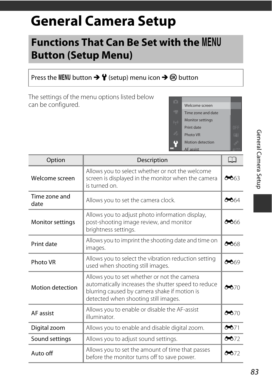 General camera setup, A83). care, Functions that can be set with the | D button (setup menu), A83) | Nikon S9700 User Manual | Page 107 / 262
