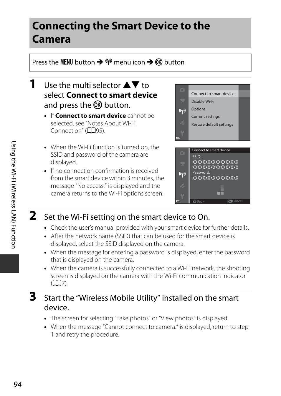 Connecting the smart device to the camera, Set the wi-fi setting on the smart device to on | Nikon S9700 User Manual | Page 118 / 262