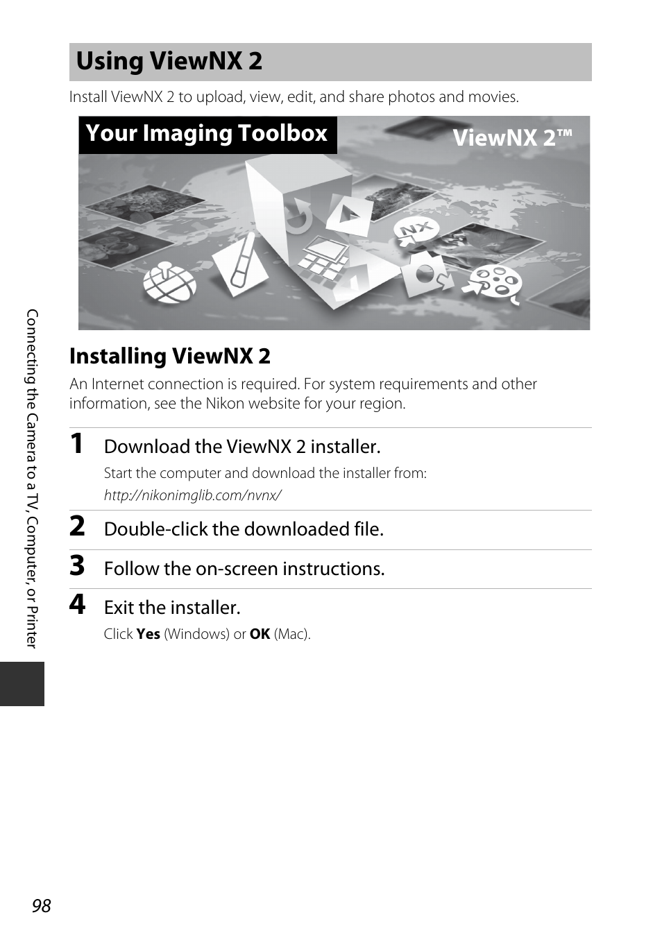 Using viewnx 2, Installing viewnx 2, A98) | Uter, Your imaging toolbox viewnx 2 | Nikon S9700 User Manual | Page 122 / 262