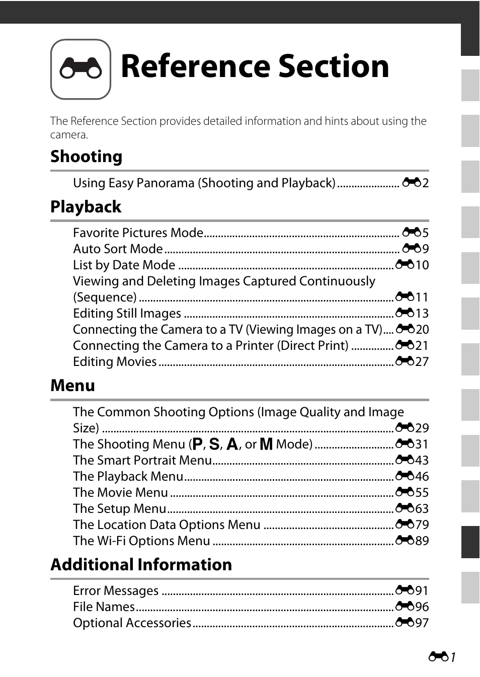 Reference section, Shooting, Playback | Menu, Additional information | Nikon S9700 User Manual | Page 127 / 262