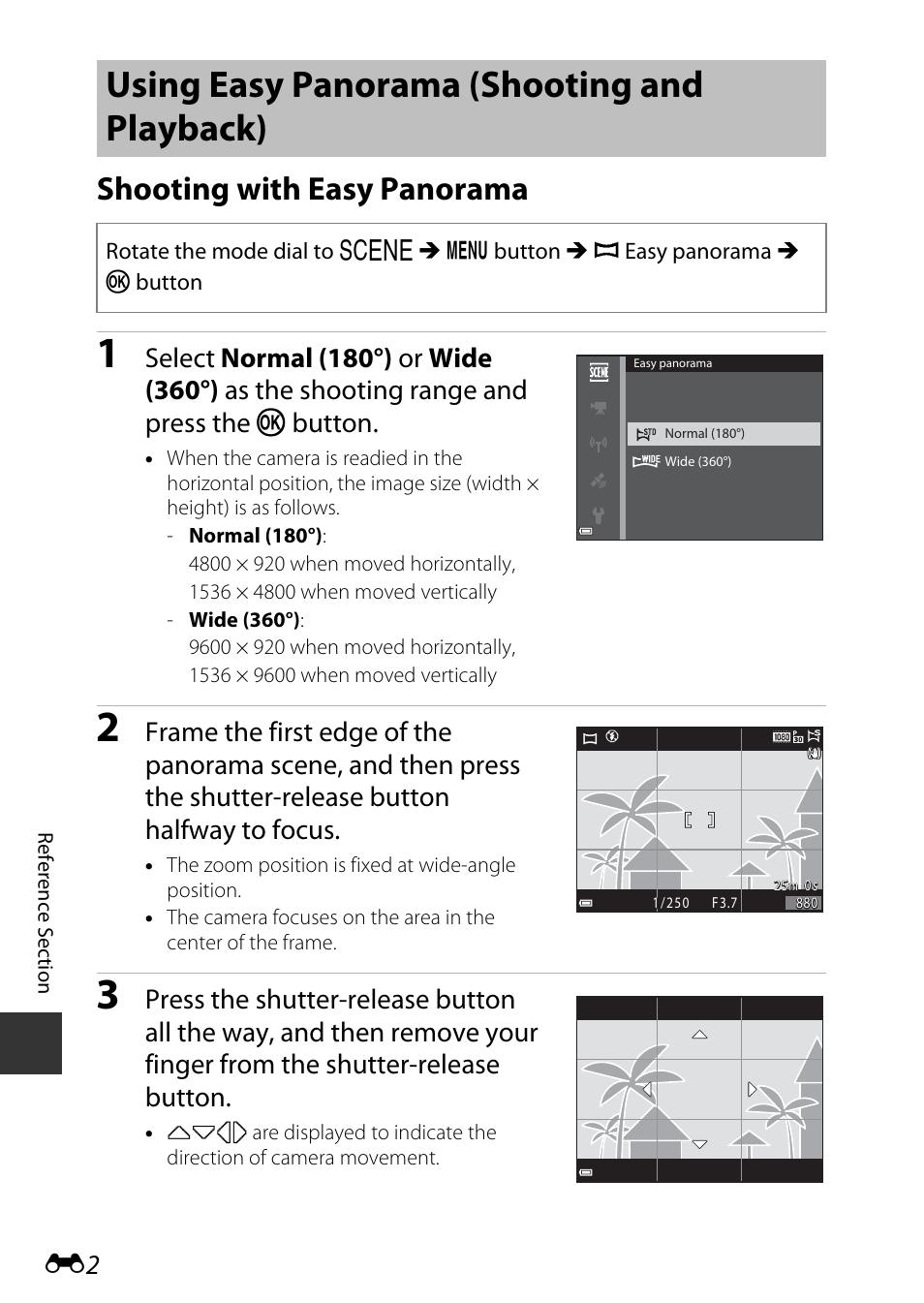 Using easy panorama (shooting and playback), Shooting with easy panorama | Nikon S9700 User Manual | Page 128 / 262