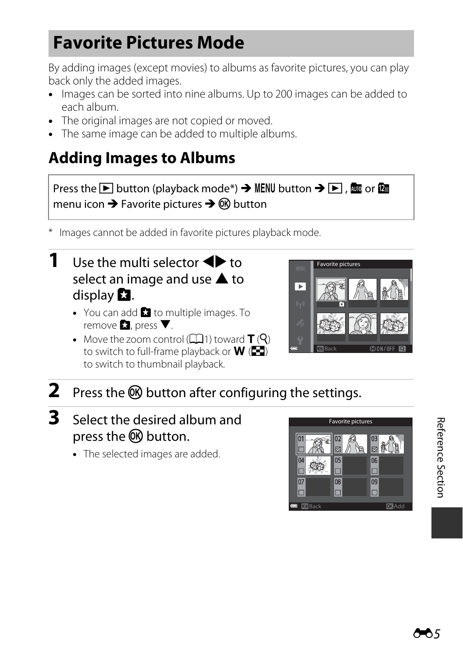 Favorite pictures mode, Adding images to albums, Press the k button after configuring the settings | Select the desired album and press the k button | Nikon S9700 User Manual | Page 131 / 262