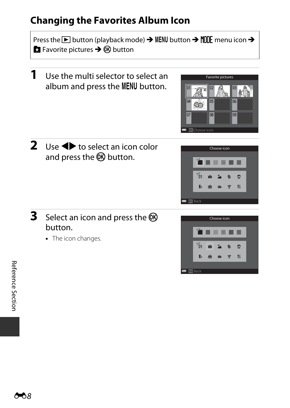 Changing the favorites album icon | Nikon S9700 User Manual | Page 134 / 262