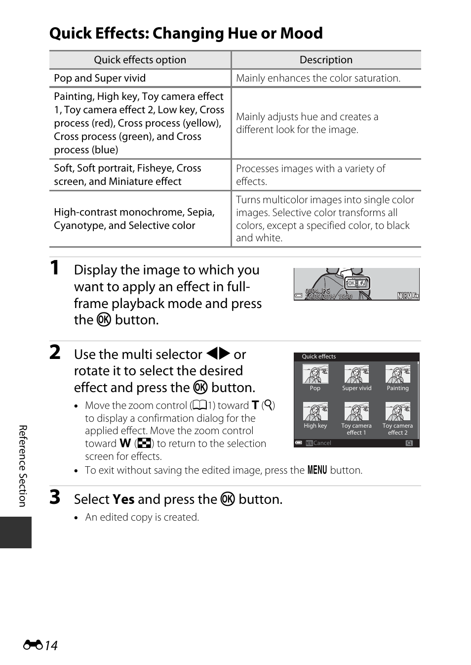 Quick effects: changing hue or mood, Select yes and press the k button | Nikon S9700 User Manual | Page 140 / 262