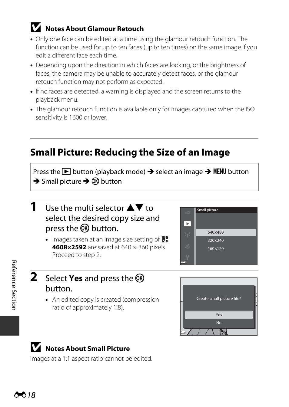 Small picture: reducing the size of an image, Select yes and press the k button | Nikon S9700 User Manual | Page 144 / 262