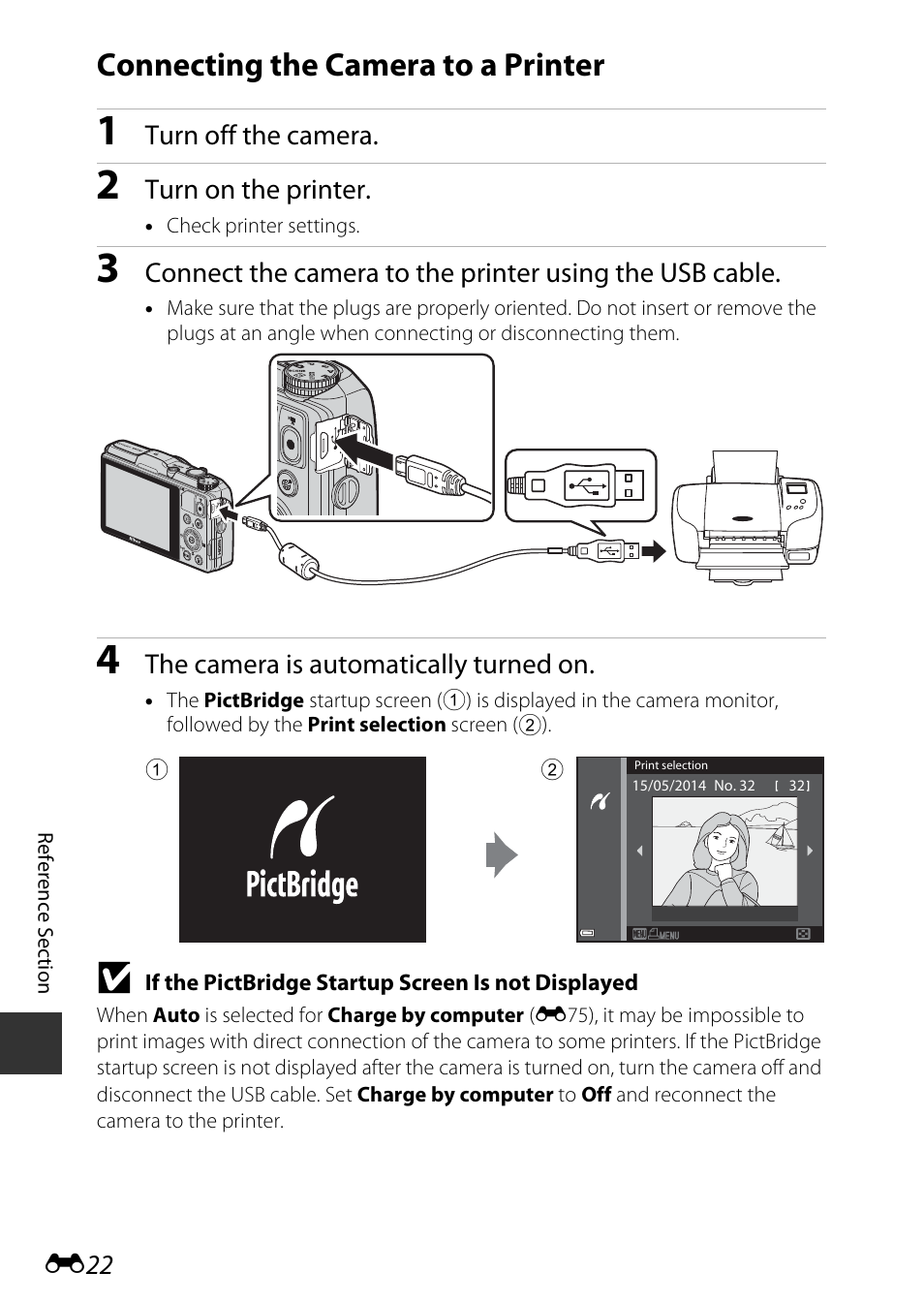 Connecting the camera to a printer, E22) | Nikon S9700 User Manual | Page 148 / 262