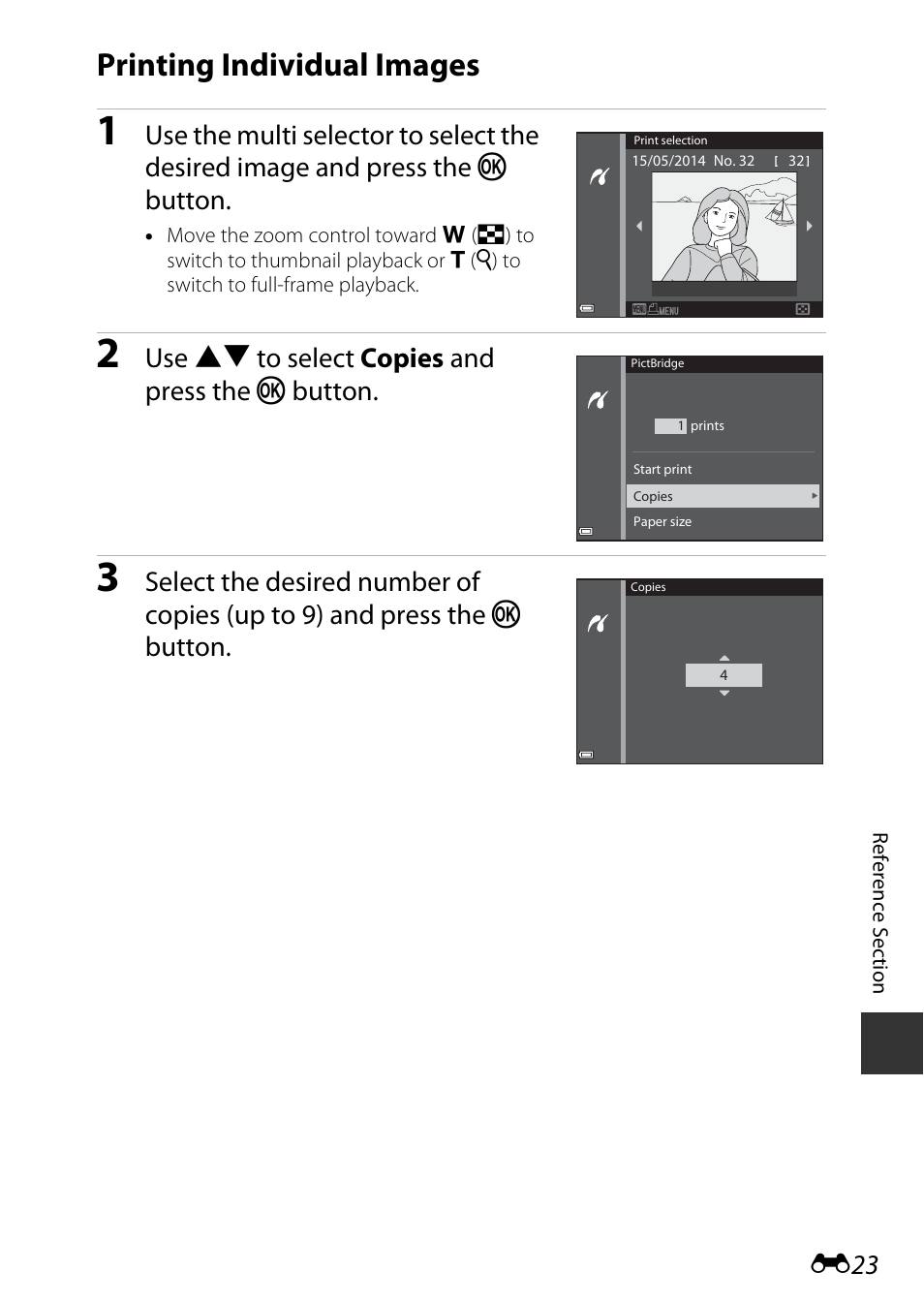 Printing individual images, E23), Use hi to select copies and press the k button | Nikon S9700 User Manual | Page 149 / 262