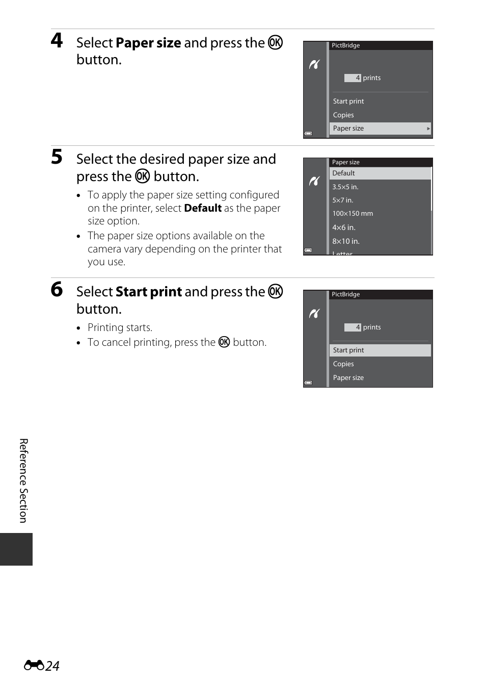 Select paper size and press the k button, Select start print and press the k button | Nikon S9700 User Manual | Page 150 / 262