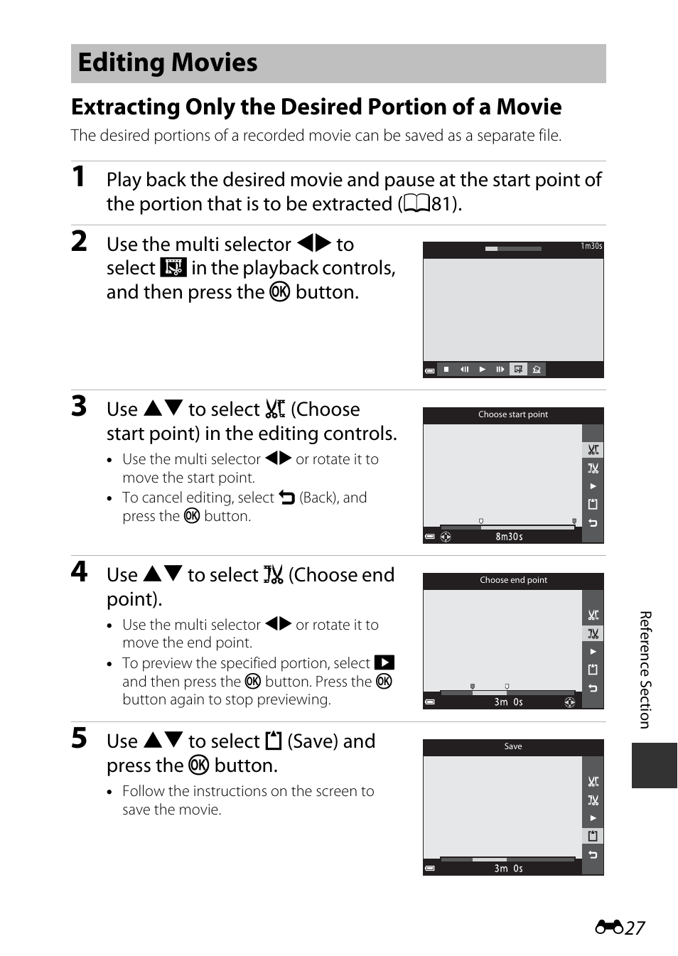 Editing movies, Extracting only the desired portion of a movie | Nikon S9700 User Manual | Page 153 / 262