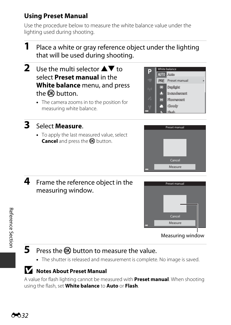 Using preset manual, Select measure, Frame the reference object in the measuring window | Press the k button to measure the value | Nikon S9700 User Manual | Page 158 / 262