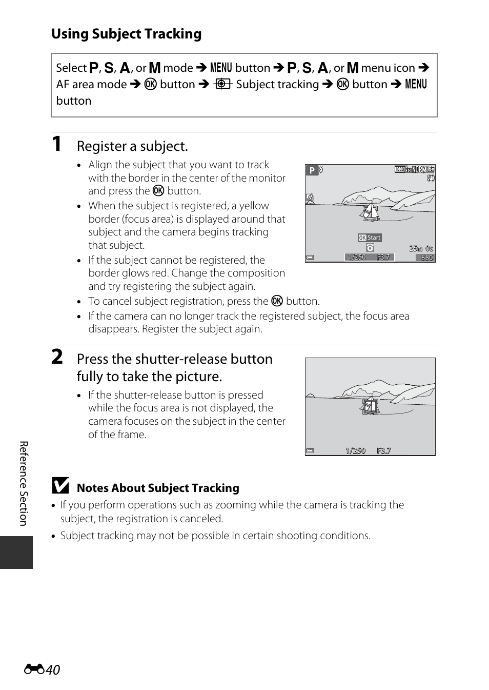 Using subject tracking, E40), Register a subject | Nikon S9700 User Manual | Page 166 / 262