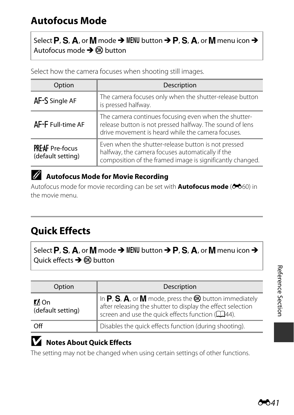 Autofocus mode, Quick effects | Nikon S9700 User Manual | Page 167 / 262