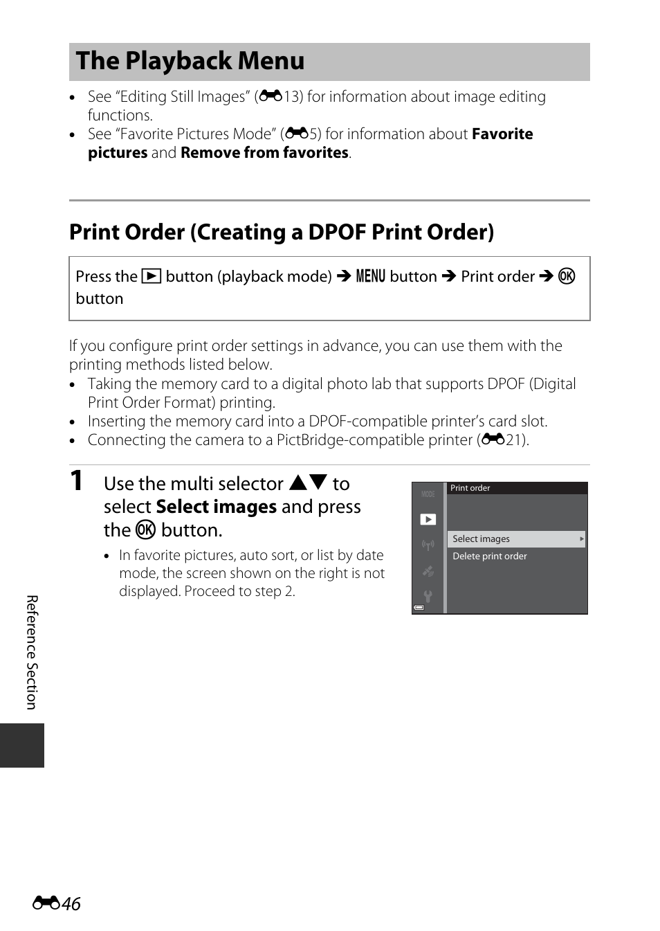 The playback menu, Print order (creating a dpof print order), E46) | Nikon S9700 User Manual | Page 172 / 262