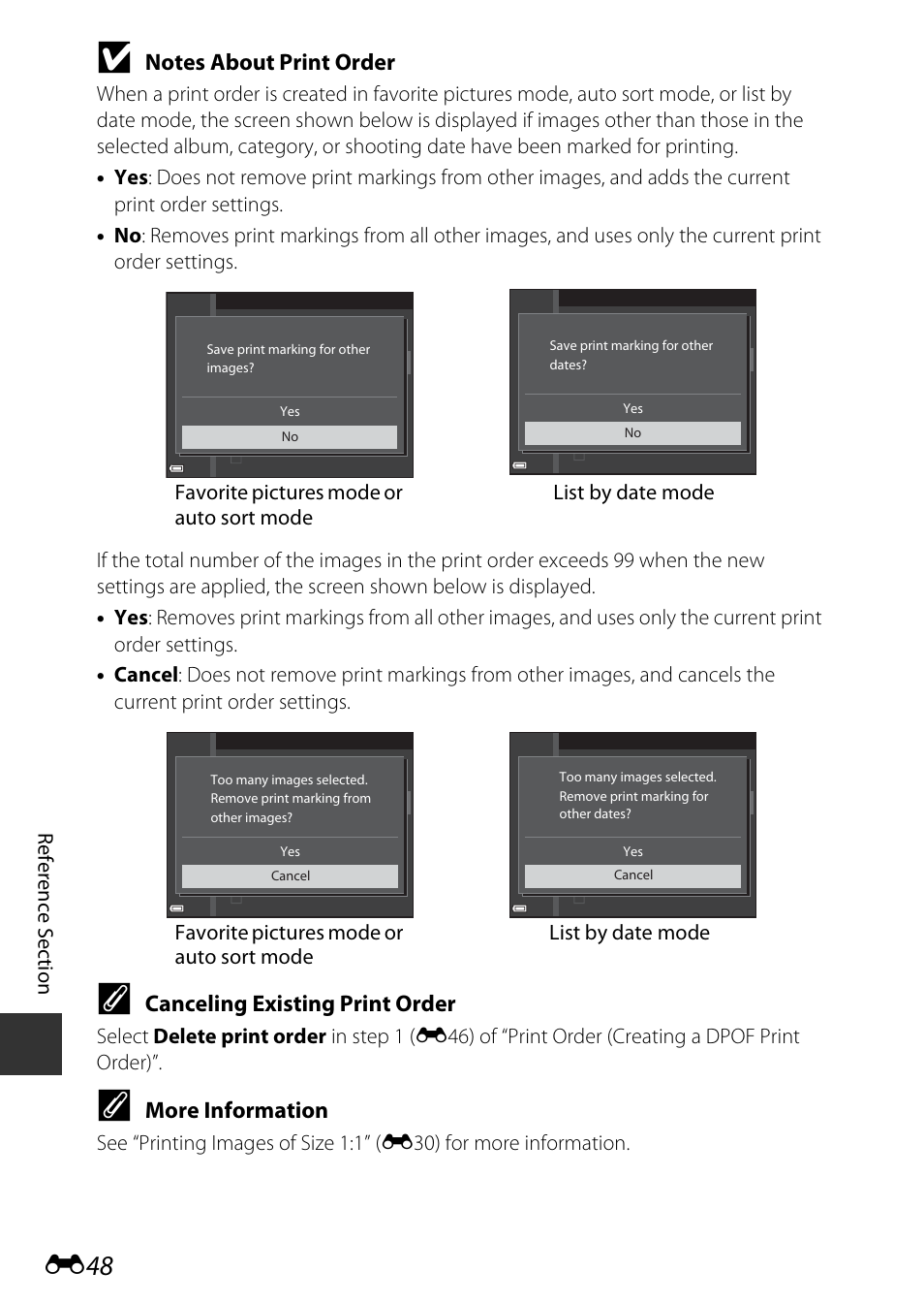 Canceling existing print order, More information | Nikon S9700 User Manual | Page 174 / 262