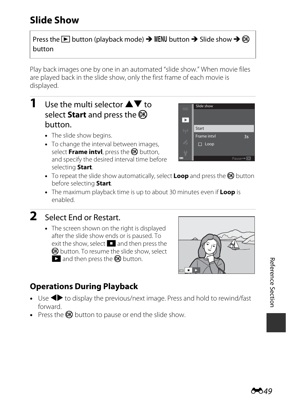 Slide show, Select end or restart, Operations during playback | Nikon S9700 User Manual | Page 175 / 262