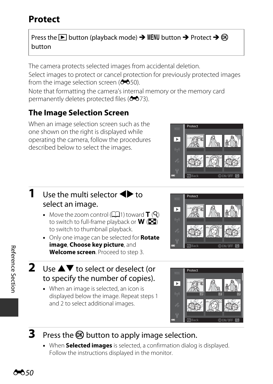 Protect, The image selection screen, Use the multi selector jk to select an image | Press the k button to apply image selection | Nikon S9700 User Manual | Page 176 / 262