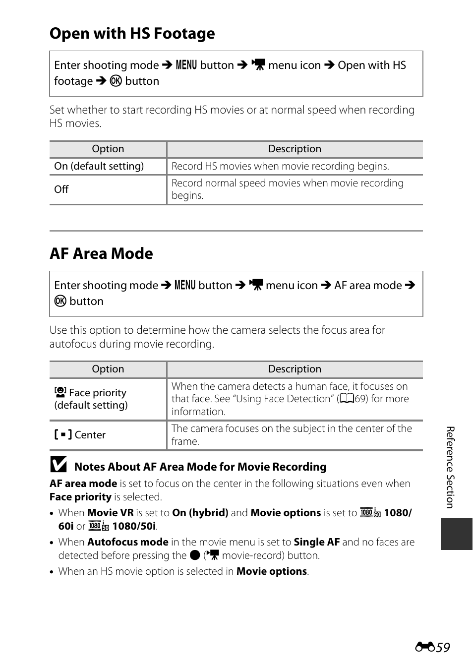 Open with hs footage, Af area mode, E59) in the | Nikon S9700 User Manual | Page 185 / 262