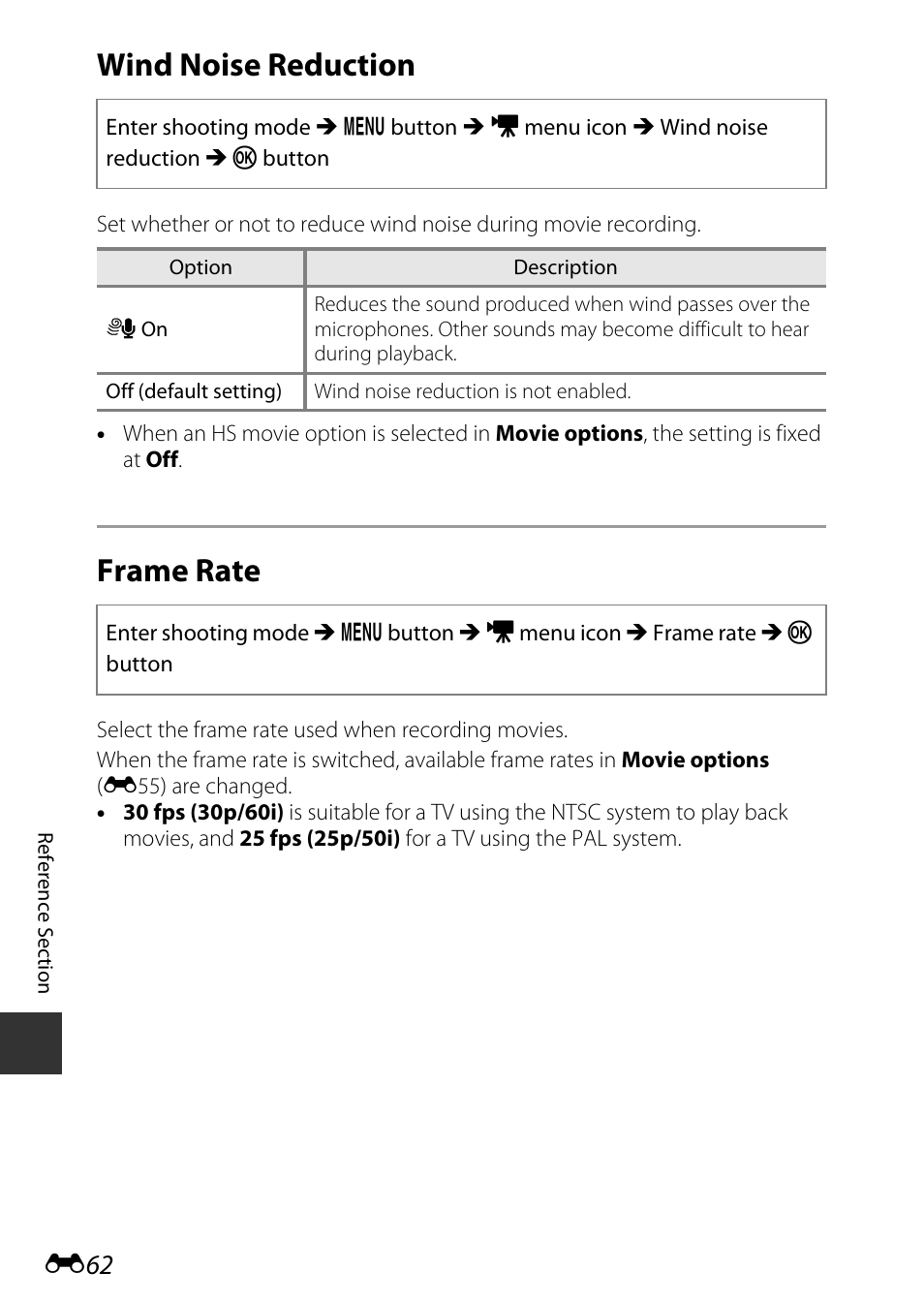 Wind noise reduction, Frame rate, E62) | Nikon S9700 User Manual | Page 188 / 262