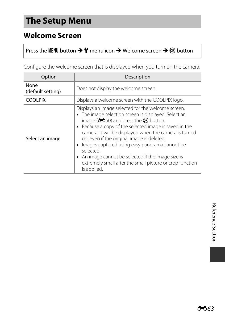 The setup menu, Welcome screen | Nikon S9700 User Manual | Page 189 / 262