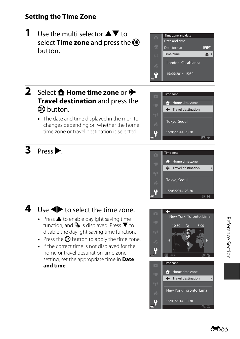 Setting the time zone, Press k, Use jk to select the time zone | Nikon S9700 User Manual | Page 191 / 262