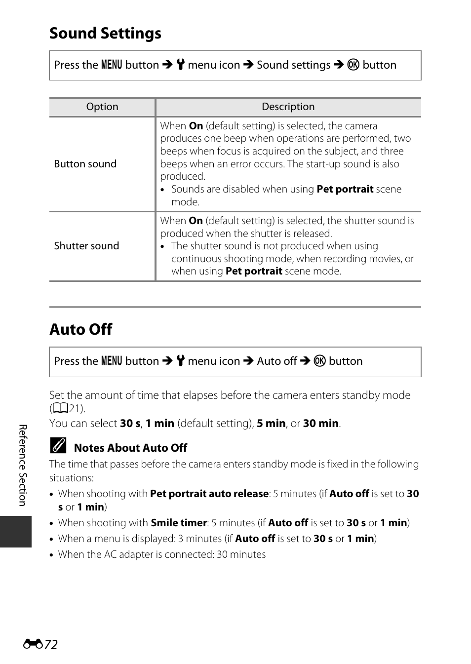 Sound settings, Auto off, Sound settings auto off | Nikon S9700 User Manual | Page 198 / 262