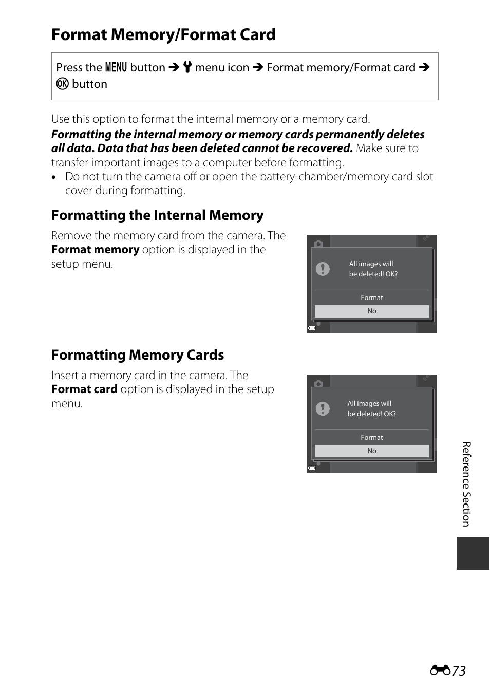 Format memory/format card, E73) | Nikon S9700 User Manual | Page 199 / 262