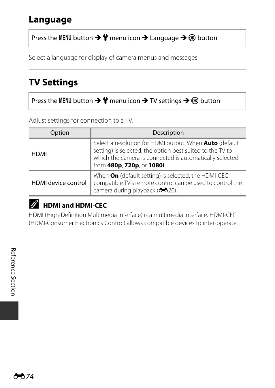 Language, Tv settings | Nikon S9700 User Manual | Page 200 / 262