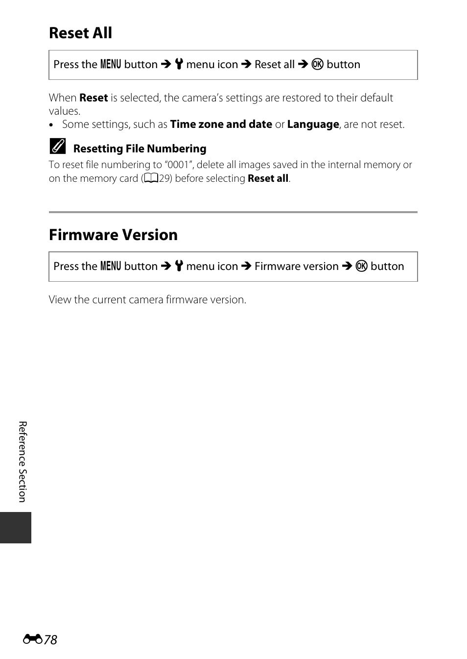 Reset all, Firmware version | Nikon S9700 User Manual | Page 204 / 262