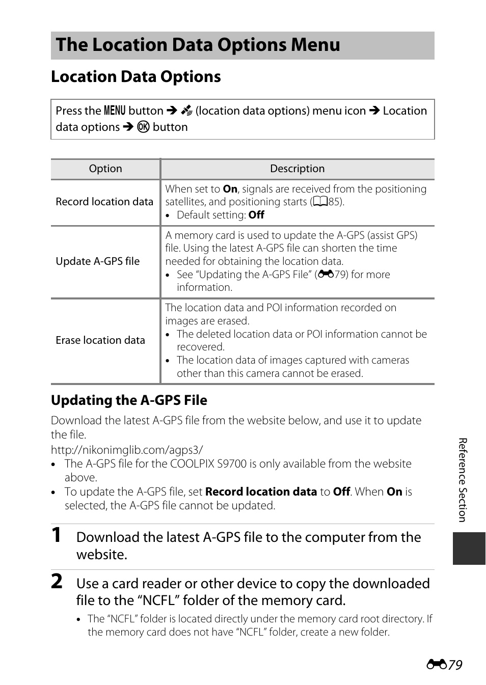 The location data options menu, Location data options, Updating the a-gps file | Nikon S9700 User Manual | Page 205 / 262