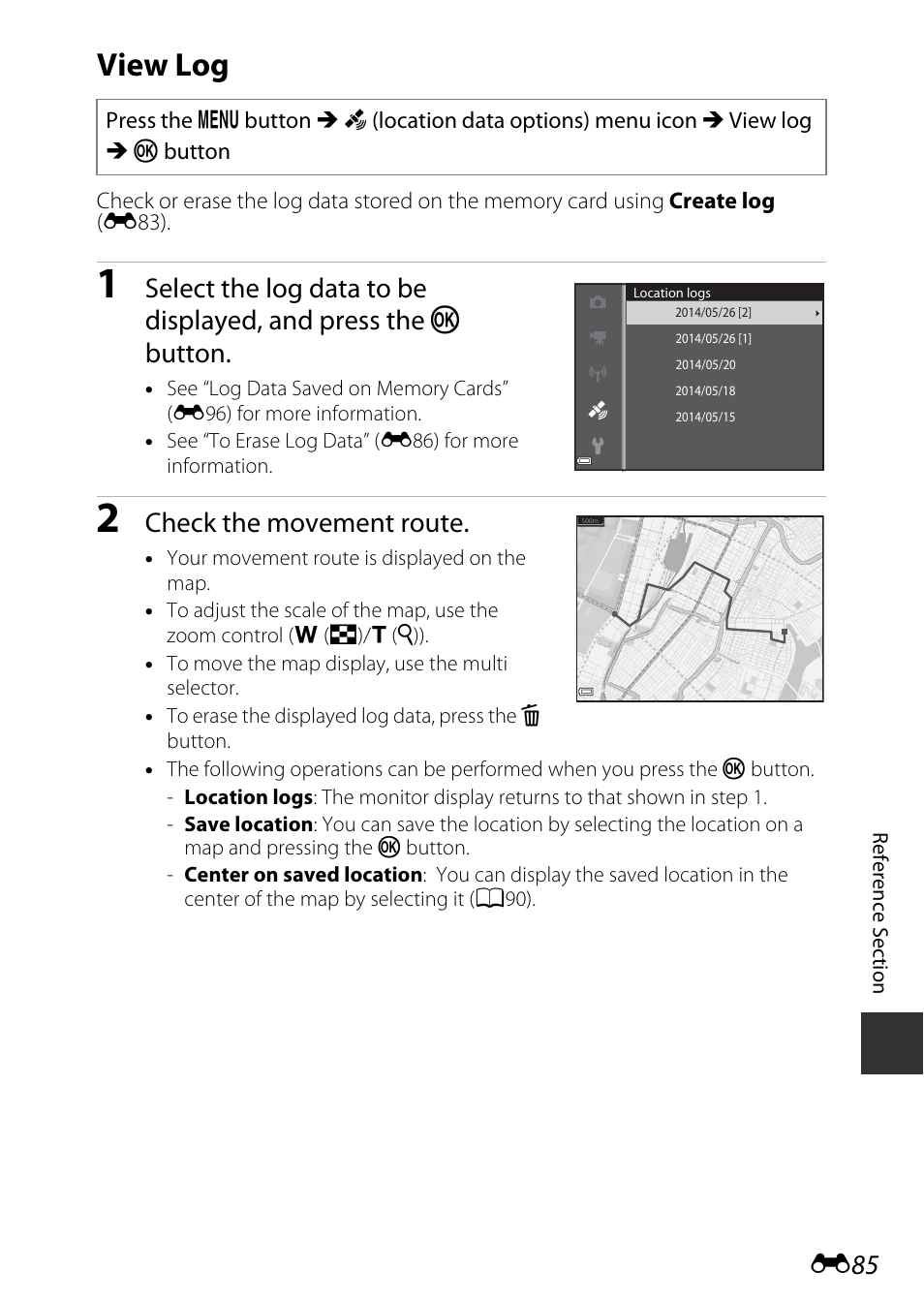 View log, E85), Check the movement route | Nikon S9700 User Manual | Page 211 / 262