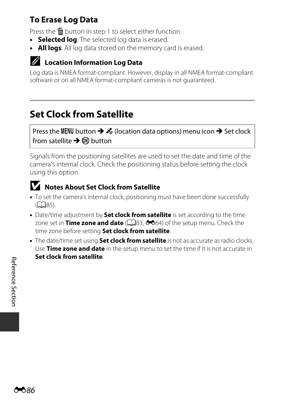 Set clock from satellite, E “to erase log data” (e86) f | Nikon S9700 User Manual | Page 212 / 262