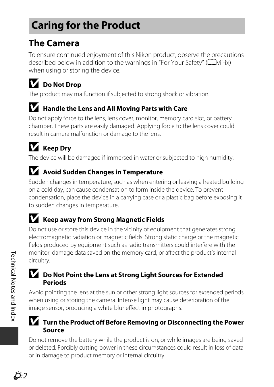 Caring for the product, The camera | Nikon S9700 User Manual | Page 226 / 262