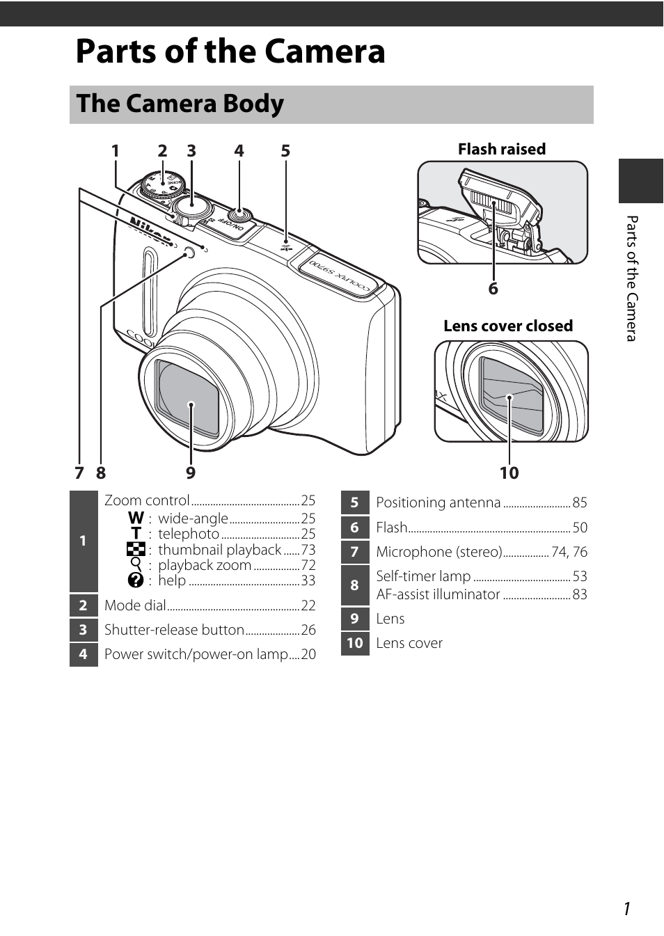 Parts of the camera, The camera body, E “parts of the camera | Nikon S9700 User Manual | Page 25 / 262