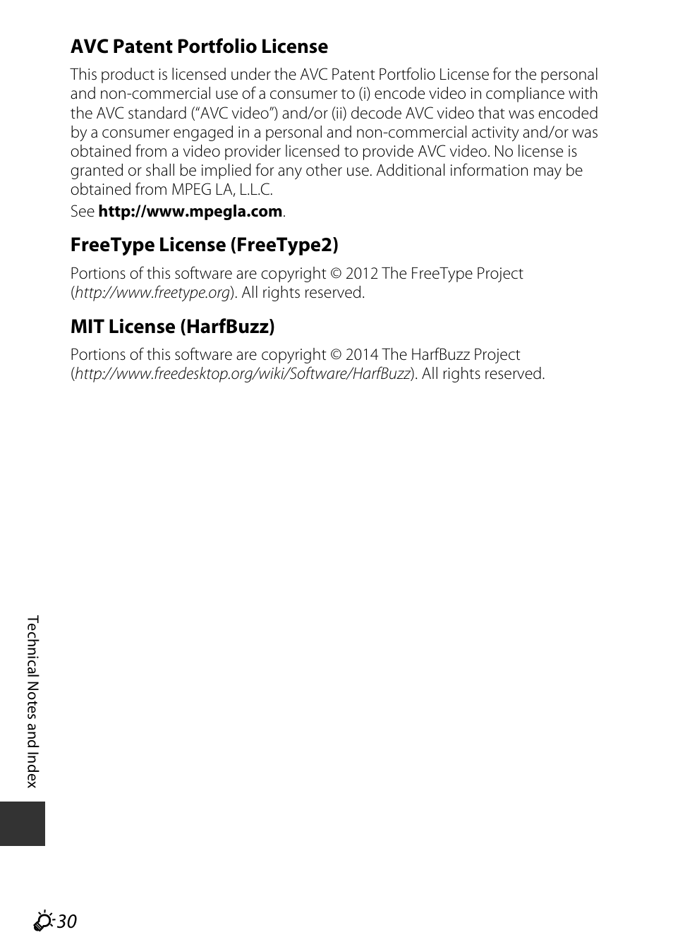 Avc patent portfolio license, Freetype license (freetype2), Mit license (harfbuzz) | Nikon S9700 User Manual | Page 254 / 262