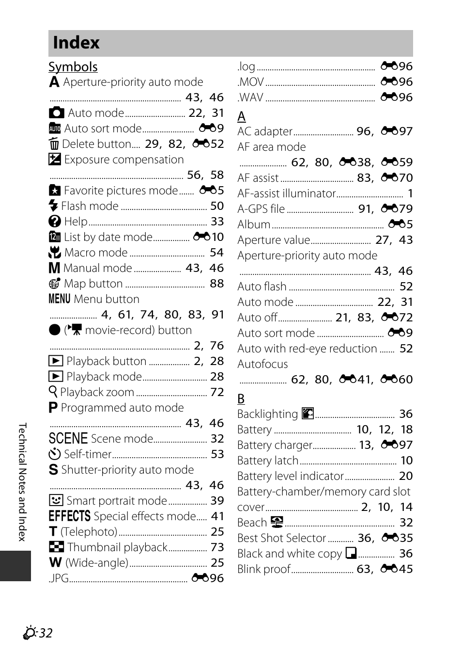 Index, F 32, Symbols | Nikon S9700 User Manual | Page 256 / 262