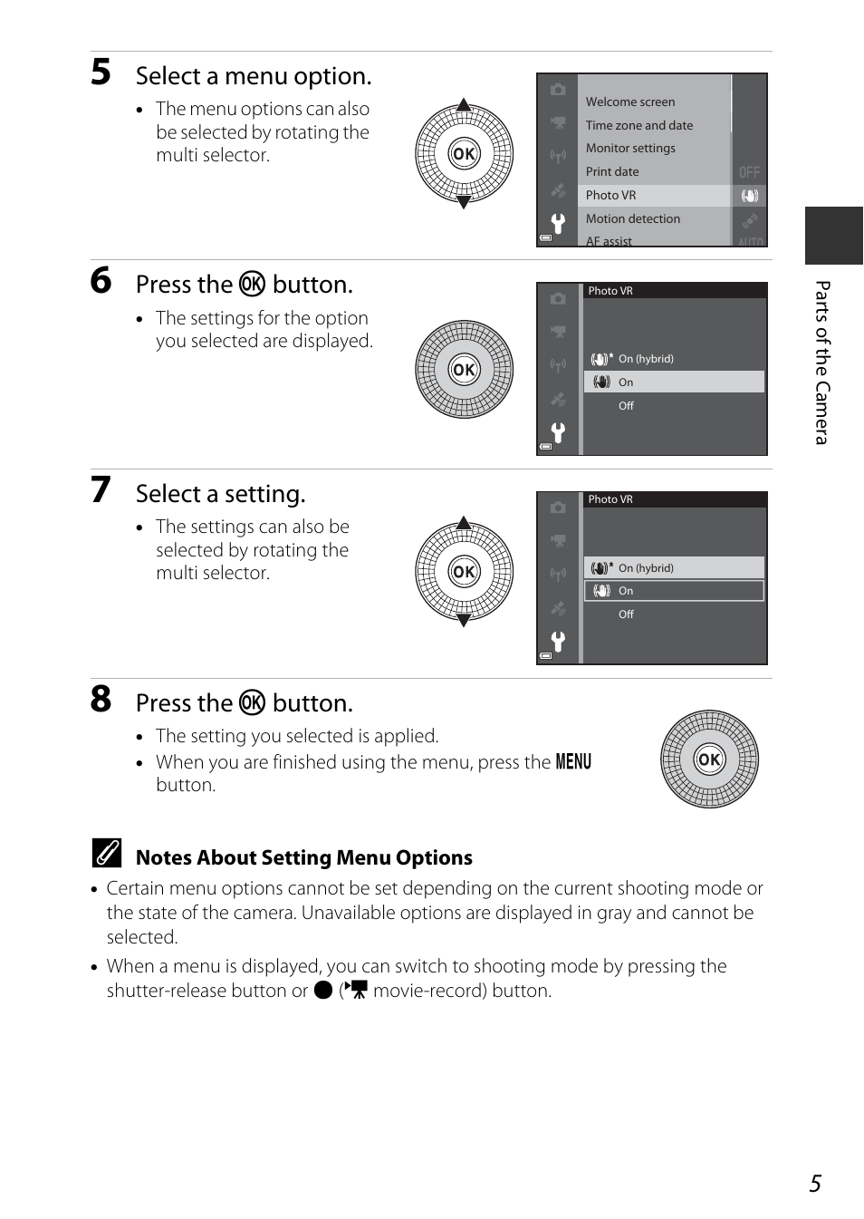 Select a menu option, Press the k button, Select a setting | Nikon S9700 User Manual | Page 29 / 262